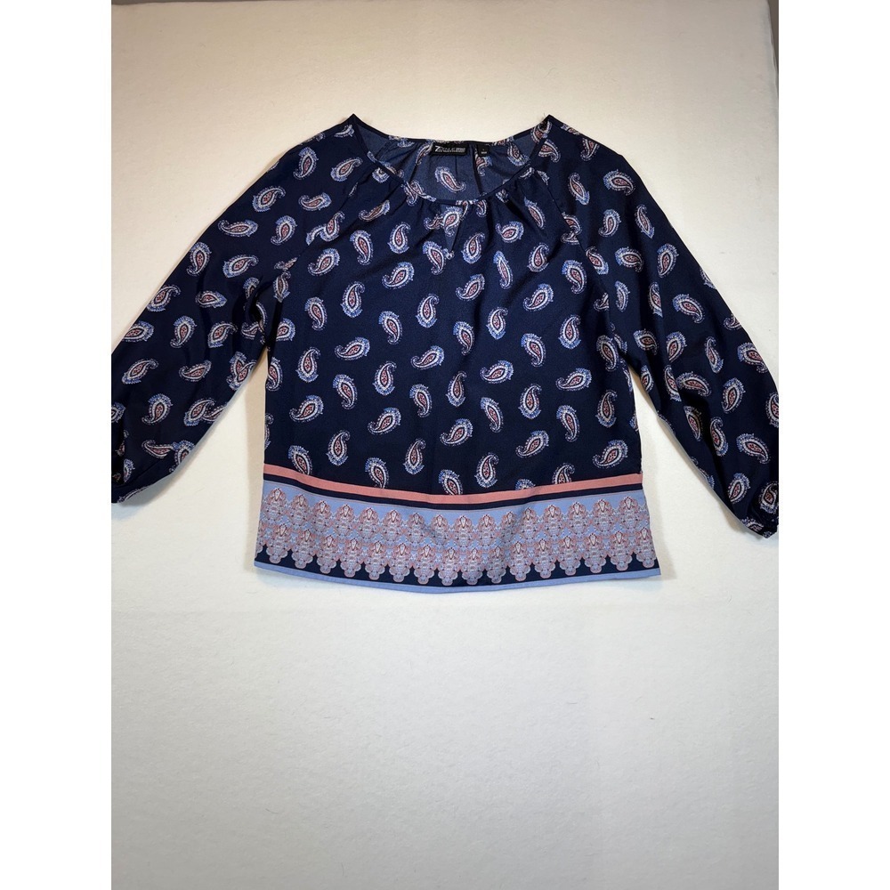 7th Avenue Paisley Blouse Top Womens L Long Sleeve Navy Blue Pink